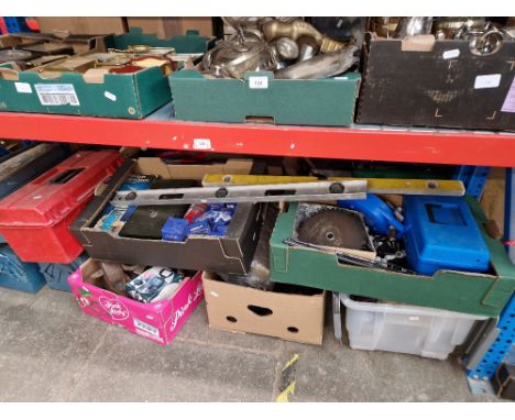 Four toolboxes with tools &amp; 5 boxes of assorted tools &amp; garage ware with 2 spirit levels.  