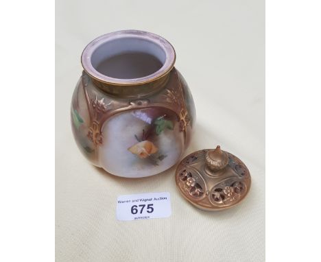 Royal Worcester vase with pierced cover and painted with roses. Ht. 12cmCondition:- General wear throughout, no sign of any o