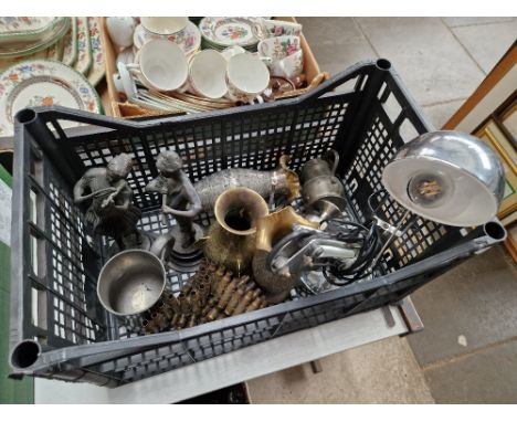 A box of metalware to include brass, pewter, spelter figures and a folding table lamp