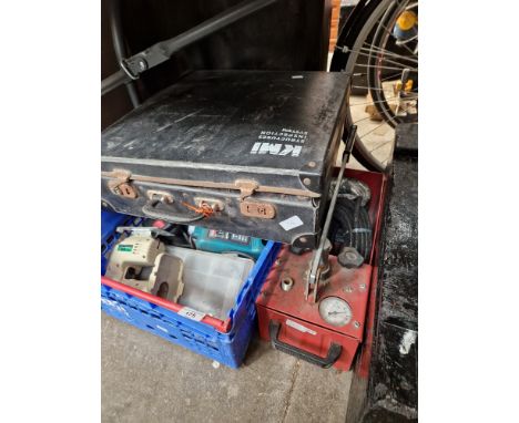Assorted tools to include a Boss pressure test pump, KSI instrument &amp; a box of drills etc.