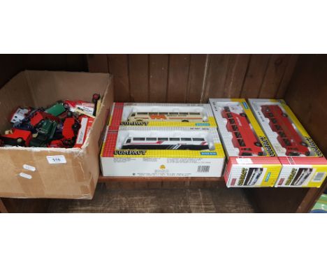 4 boxed Joal Compact Volvo Coaches, Die-Cast 1:50 scale together with a box of model vehicles (without boxes) by Corgi, Lledo