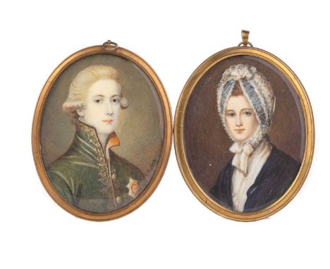 PAIR OF PORTRAIT MINIATURES, 19TH CENTURY  watercolour on ivory, depicting a young gentleman and lady, each in brass frame wi