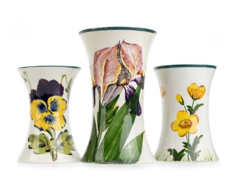 WEMYSS, THREE BEAKER VASES, each hand painted with flowers, one with hand signed Wemyss mark, one with impressed marks and th