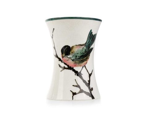 WEMYSS BEAKER VASE, hand painted with a Bullfinch perched on a branch, with impressed marks11.5cm highVase is in overall good