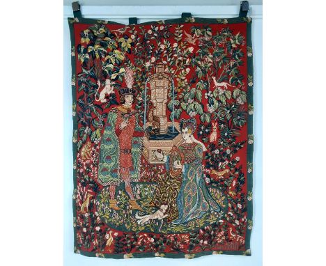 FRANKLIN MINT, REPRODUCTION WOVEN TAPESTRY, CIRCA 1985 The Romance of the Rose, with wooden pole117cm x 92cm