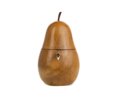 FRUITWOOD TEA CADDY, modelled in the form of a pear with stork finial, hinged cover opening to reveal a lined interior, compo