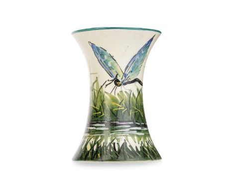 WEMYSS BEAKER VASE, hand painted with dragonflies amongst foliage, with hand signed Wemyss mark on base12cm highVases are in 