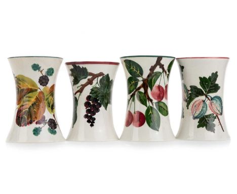 WEMYSS, FOUR BEAKER VASES, each hand painted with fruit, with impressed marks, two with stamped marks for T. Goode &amp; Coth