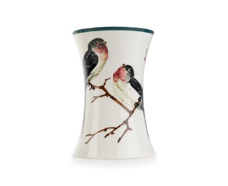 WEMYSS BEAKER VASE, hand painted with two Swallows perched on branches, with impressed marks and retailer mark for T. Goode &