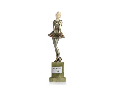 ART DECO COLD PAINTED BRONZE FIGURE, CIRCA 1920'S  modelled as a dancer with carved ivory face over parcel gilt and silvered 