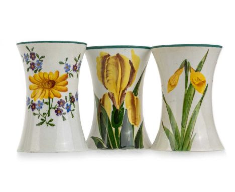 WEMYSS, THREE BEAKER VASES, each hand painted with flowers, with impressed marksthe largest 11.5cm highQty: 3Vase is in overa