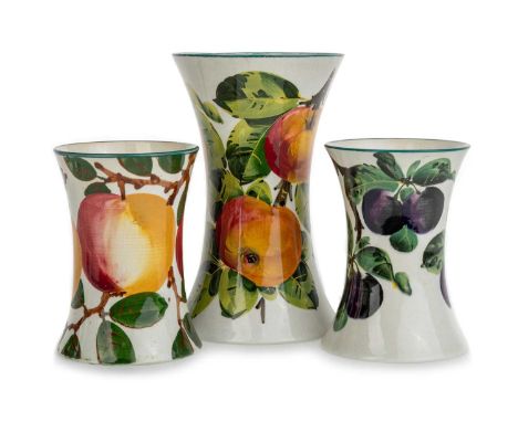 WEMYSS, THREE BEAKER VASES, erach hand painted, one with apples, with hand signed Wemyss mark and impressed mark, another wit
