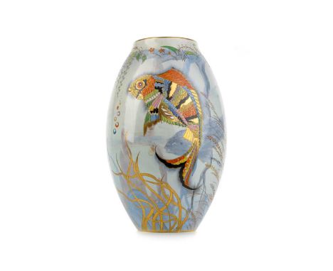CARLTON WARE, RIVER FISH PATTERN VASE, CIRCA 1930s of ovoid form, the body decorated with a fish in colourful enamels and gil