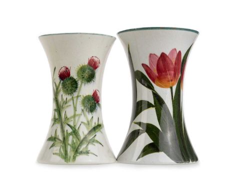 WEMYSS, TWO BEAKER VASES, each hand painted, one decorated with thistles, with hand signed Wemyss mark, the other decorated w