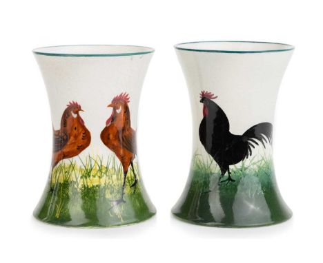 WEMYSS, TWO BEAKER VASES, each decorated with cockerels, one with impressed marks, the other with impressed marks, and hand s