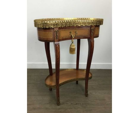 FRENCH OCCASIONAL TABLE, REPRODUCTION kidney bean shaped, with gilt metal top gallery and undershelf, with single drawer75cm 