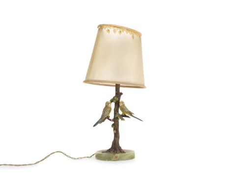 CONTINENTAL COLD PAINTED BRONZE TABLE LAMP, CIRCA 1920s modelled with two budgerigars perched on braches, raised on an onyx b
