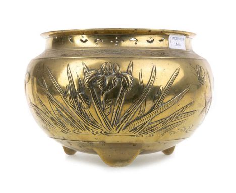 ARTS & CRAFTS BRASS PLANTER, LATE 19TH / EARLY 20TH CENTURY of squat ovoid form, with pierced rim, the body cast with butterf