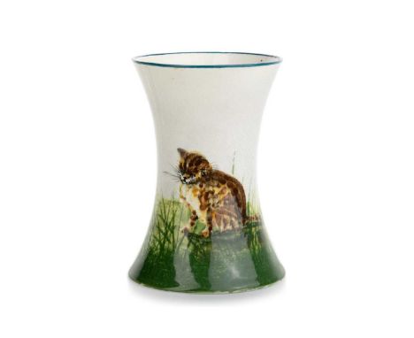 WEMYSS BEAKER VASE, hand painted with a kitten seated in long grass, with hand signed Wemyss mark and stamped retailer mark f