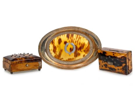 TWO VICTORIAN TORTOISESHELL TRINKET BOXES, AND A PIN TRAY the boxes each of rectangular form with hinged lids, the oval tray 