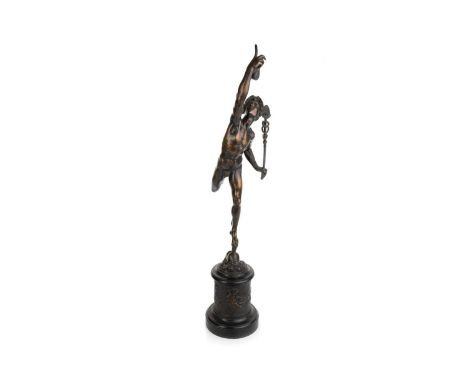 LARGE BRONZE FIGURE OF HERMES, LATE 19TH CENTURY modelled with flask raised aloft in one hand and staff in the other, on one 