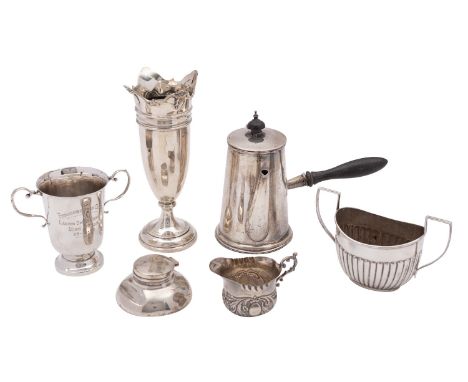 A George V silver chocolate pot, James Deakin & Sons, Sheffield 1923, together with a silver milk jug from a bachelor's tea s