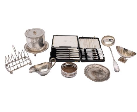 A group of silver-plated items to include, an Elkington & Co seven bar toast rack, a late Victorian biscuit barrel, a Fiddle 