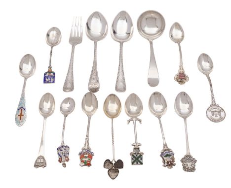 A small collection of English silver decorative spoons, various makers and dates, two dessert spoons, a dessert fork and elev