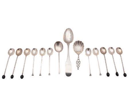 A Victorian silver caddy spoon, Mappin and Webb, London 1897, with shell bowl and openwork handle, together with six coffee b