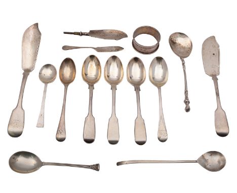 A mixed group of silver flatware, various dates and makers, eight various teaspoons, a cocktail spoon, four butter knives and