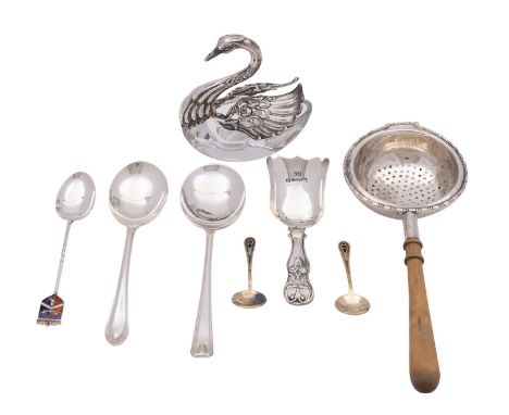 A Victorian silver caddy spoon, Thomas Dones, Birmingham 1927, double struck with shovel bowl, together with a pair of Soviet