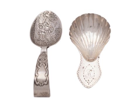 A George III silver caddy spoon, Walter Brind, London 1787, shell and bright cut, together with a child's feeding spoon, 'Thi