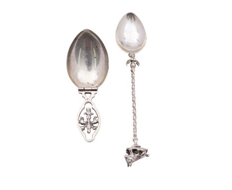 An early 20th century Spanish silver campaign folding spoon, stamped 800, together with a barley twist stem spoon,  with a ca