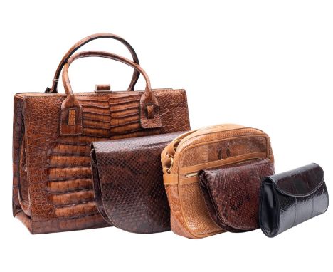 A Jaguar Model crocodile skin handbag, together with a brown leather snakeskin evening bag and matching purse, a black leathe