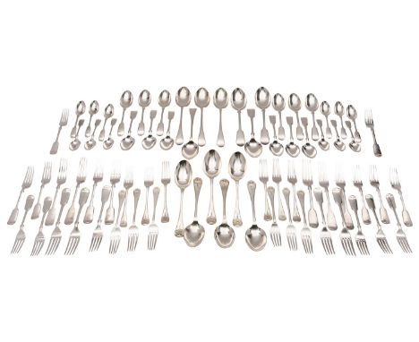 A matched canteen of silver flatware, various dates and makers, mostly Victorian and London, Fiddle, Thread and Shell pattern