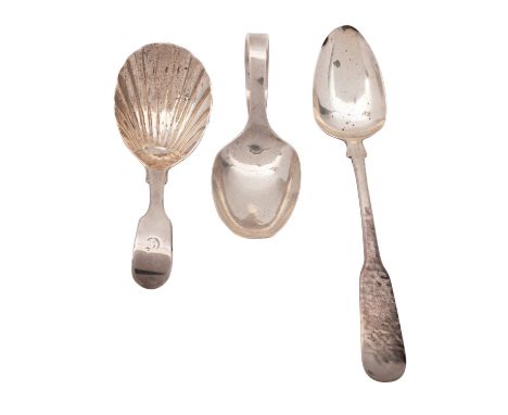 A Victorian silver caddy spoon, GP over struck, London 1866, Fiddle pattern with shell bowl, together with silver child's spo
