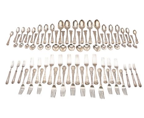 A George IV silver canteen of flatware, William Chawner II, London 1827, Kings pattern, double struck, with engraved scrolled