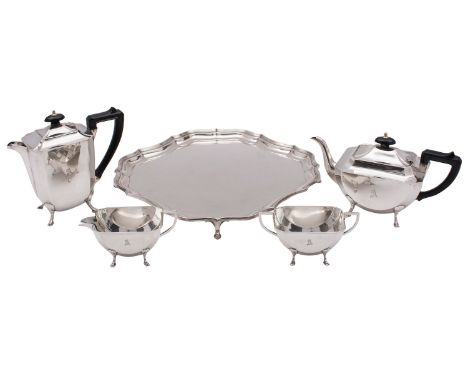 An Edward VIII Art Deco silver four piece tea set, Aaron Lufkin Dennison, Birmingham 1937, of oblong form, raised on square s