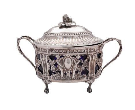 A Napoleon III silver and glass two handled confiture, maker's mark Peris, Finess mark .950, the cast finial above a high dom