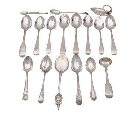 A collection of silver teaspoons, to include a nine teaspoons, various styles, dates and makers, a leaf caddy spoon, a Georgi