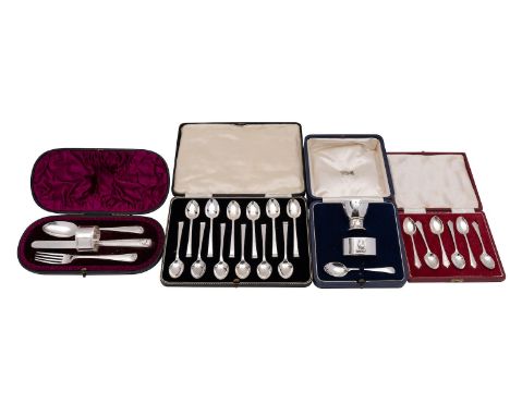 A small group of cased silver to include; a set of Art Deco silver coffee spoons, Cooper Brothers and Sons Ltd, Sheffield 194