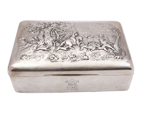 A large Victorian silver cigar box, maker's mark Frank Hallett, London 1898, retailed by Searle & Co, Lombard Street, London,