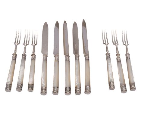 A set of six George V mother of pearl and silver fruit knives and forks, Harrison Brothers & Howson (George Howson), Sheffiel