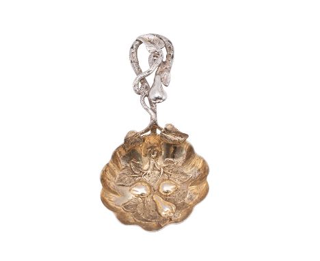 A Victorian silver caddy spoon, Hamilton and Ince, Birmingham 1852, the raised chased and engraved lobed and gilded bowl, wit