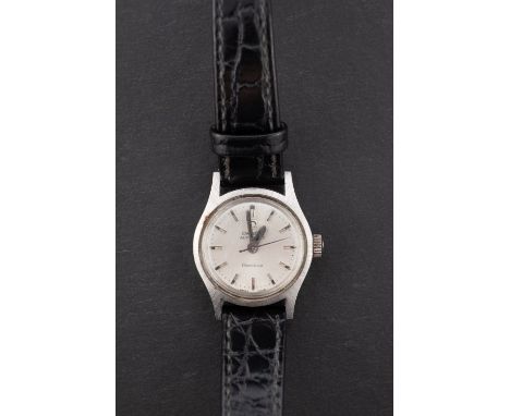 Omega a lady's stainless-steel wristwatch the round dial having raised baton numerals, tapered hands, a sweep seconds hand an