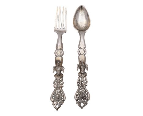 Two late 19th century Armenian/ Turkish silver spoon and fork, marked heavy gauge, 14.5cm long, 65 grams, (2).