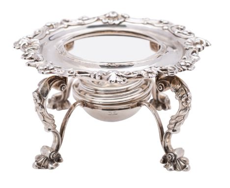 A George IV cast silver kettle stand and burner, Robert Garrard & Co, London 1829, in Rococo Revival style of circular form d