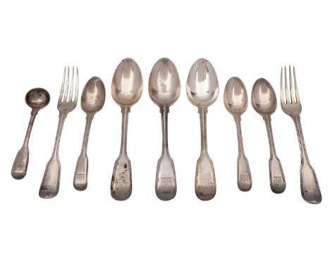 A Victorian silver part canteen of flatware, maker George Adams, London, comprising three dessert spoons, three teaspoons, tw