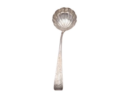 A George III Irish silver shell bowl ladle, maker Joseph Craig, Dublin 1774, Old English pattern, engraved Rococo cartouche w