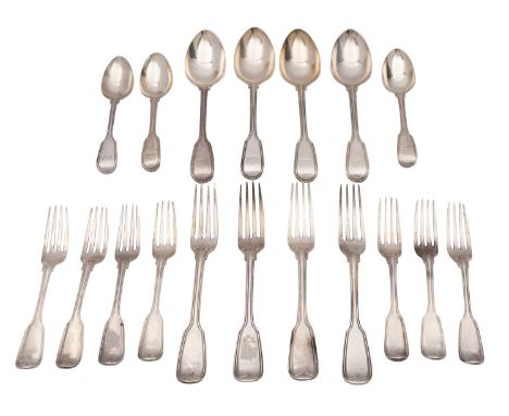 A William IV part silver canteen of flatware, maker Mary Chawner, London mostly 1837, Fiddle and Thread pattern, comprising f